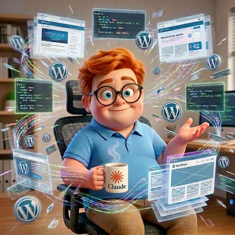 Pixar-style illustration of Chad Newman sitting in an office chair holding a Claude mug, surrounded by floating WordPress pages and CSS code