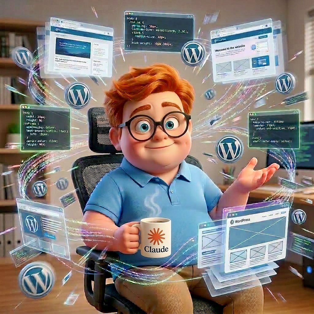 Pixar-style illustration of Chad Newman sitting in an office chair holding a Claude mug, surrounded by floating WordPress pages and CSS code